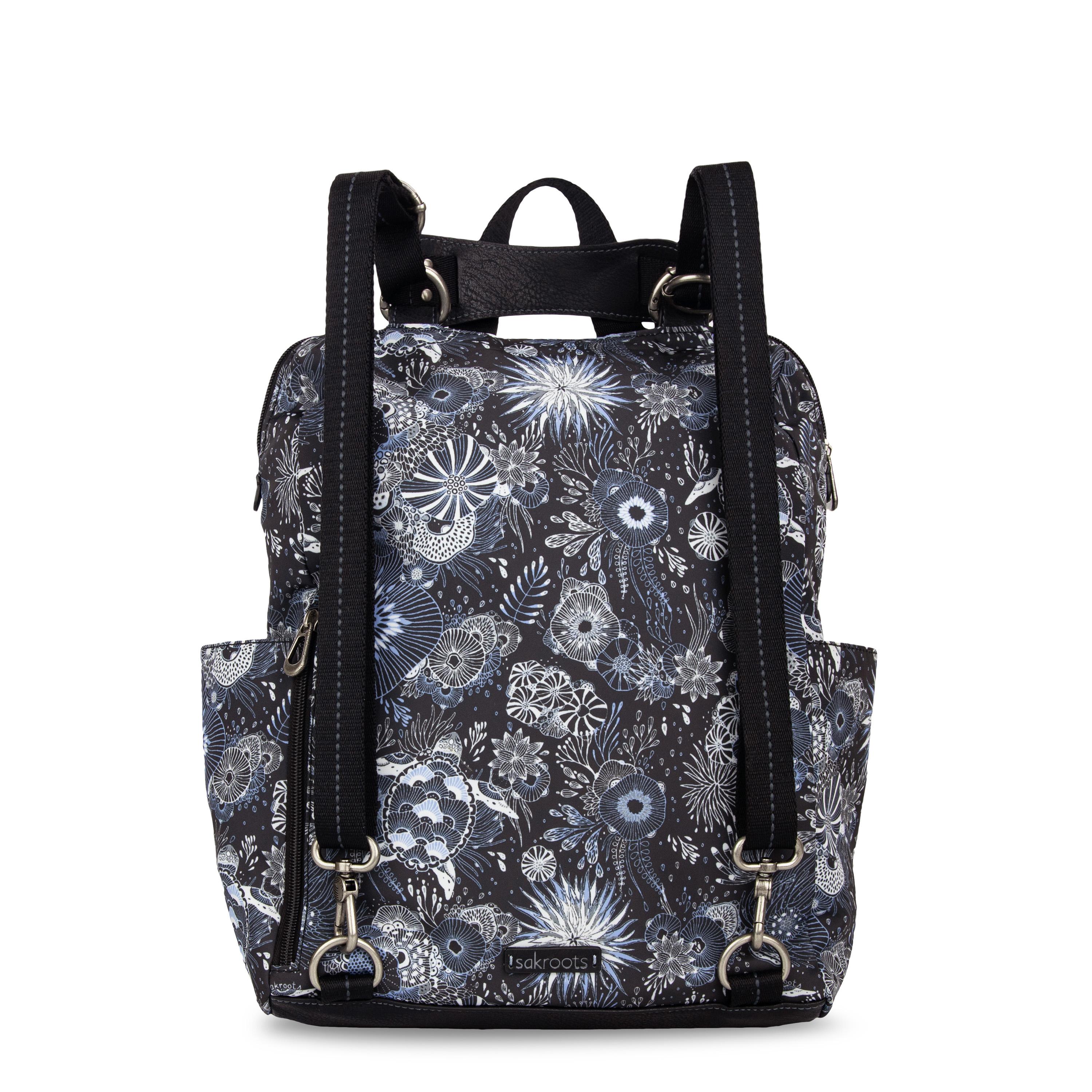 Sakroots Loyola Convertible Black, White, Blue and Gray Floral Backpack Sakroots Loyola Convertible Backpack in an Eco-Twill Floral  main image 2